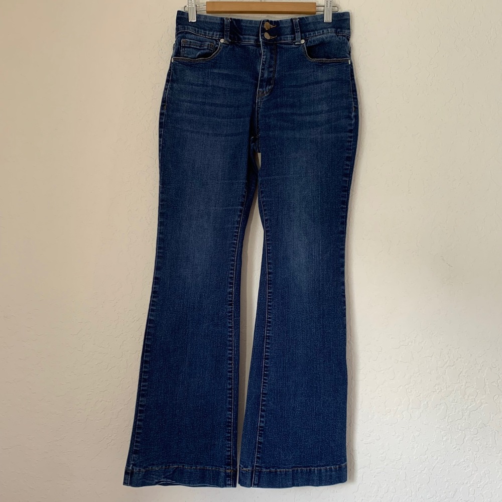 Indigo Poppy Bootcut Jeans Women 10‎ Blue Dark Wash Elastic Waist Flare 70s Boho